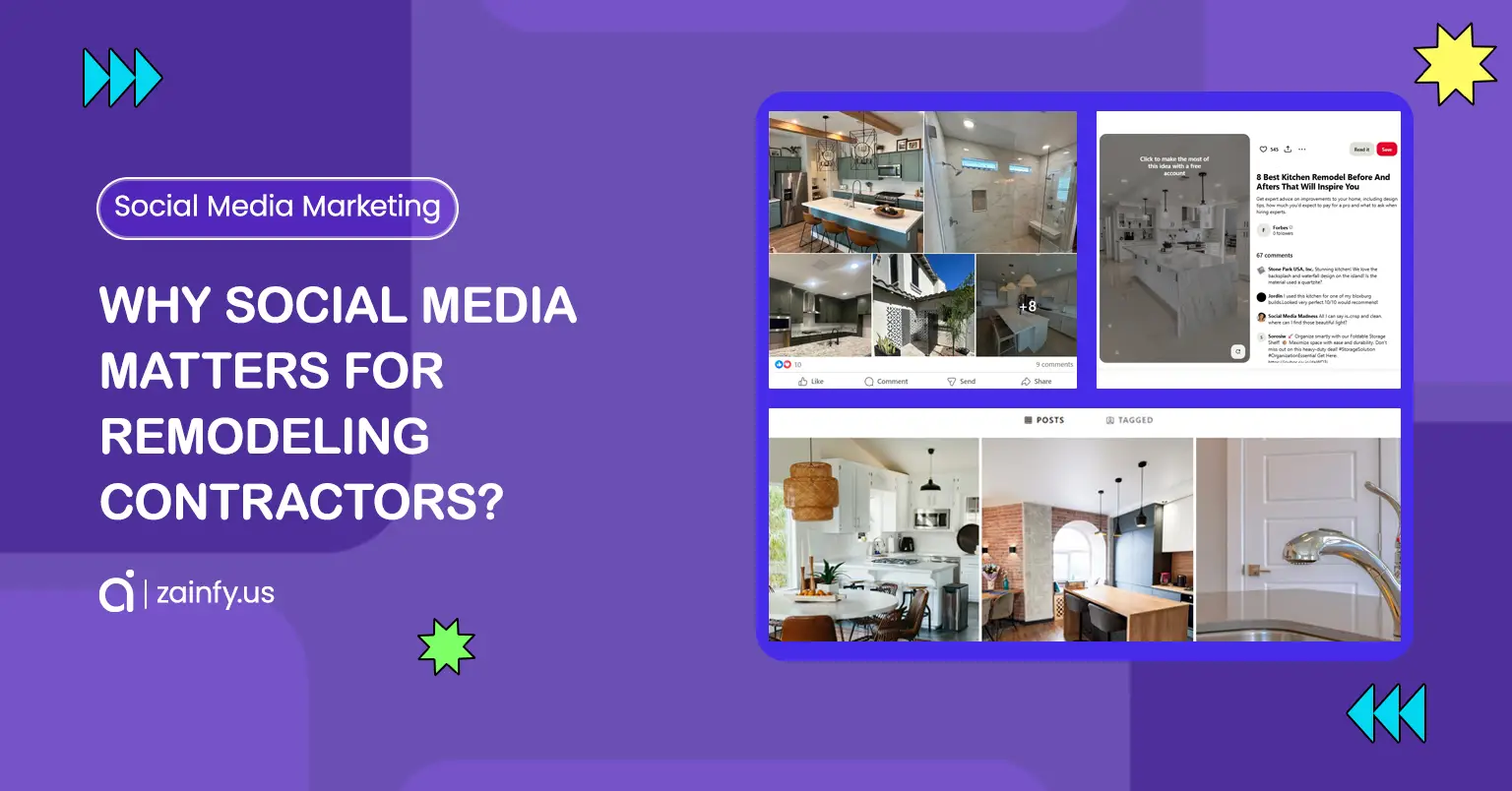 Modern remodeling contractor showcasing a before-and-after home transformation on social media.