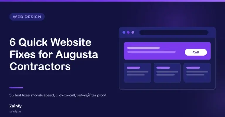 Zainfy web design article cover: 6 Quick Website Fixes for Augusta Contractors — with a stylised website layout