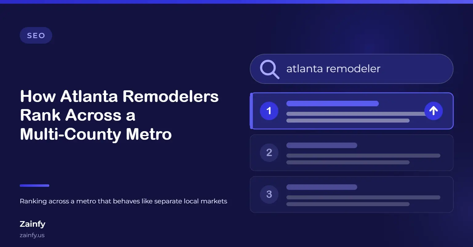 Zainfy SEO article cover: How Atlanta Remodelers Rank Across a Multi-County Metro — with a stylised search results panel
