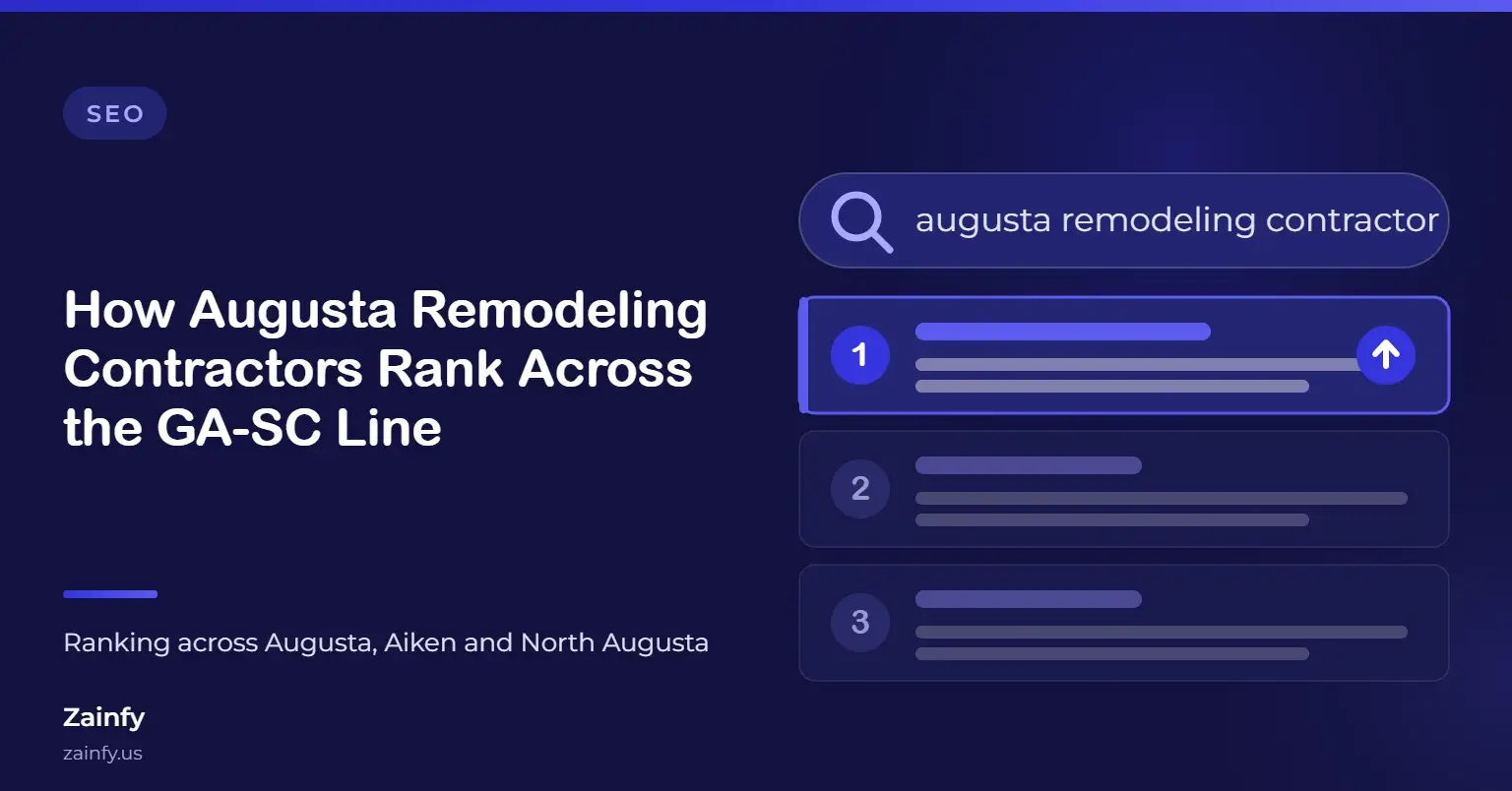 Zainfy SEO article cover: How Augusta Remodeling Contractors Rank Across the GA-SC Line — with a stylised search results panel