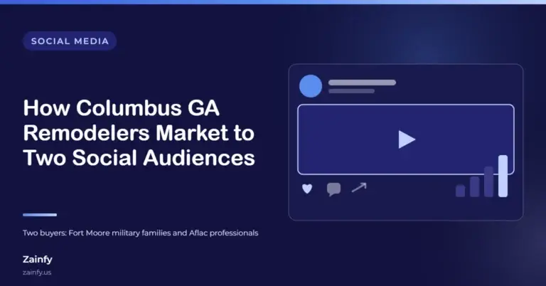 Zainfy social media article cover: How Columbus GA Remodelers Market to Two Social Audiences — with a stylised social post and engagement