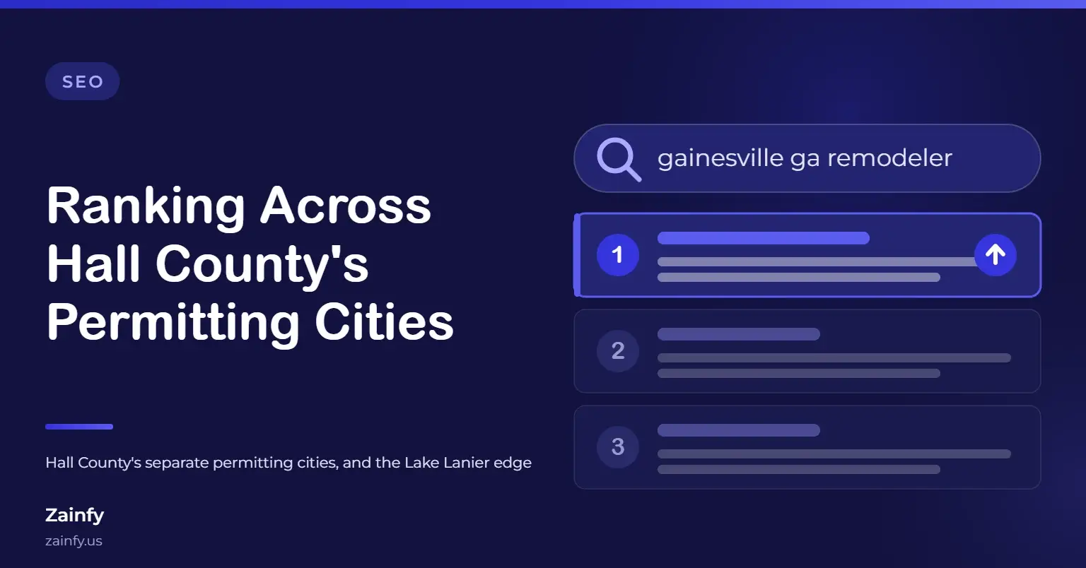 Zainfy SEO article cover: How Gainesville GA Remodeling Contractors Rank Across Hall County's Separate Permitting Cities — with a stylised search results panel