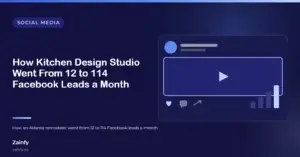 Zainfy social media article cover: How Kitchen Design Studio Went From 12 to 114 Facebook Leads a Month — with a stylised social post and engagement