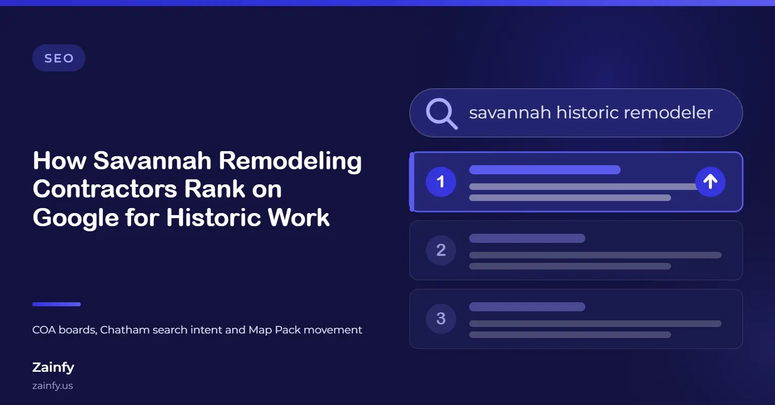 Zainfy SEO article cover: How Savannah Remodeling Contractors Rank on Google for Historic Work — with a stylised search results panel