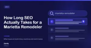 Zainfy SEO article cover: how long SEO takes for a Marietta remodeling contractor, with a stylised search results panel showing a query for a Marietta remodeler and an upward arrow on the top-ranked result