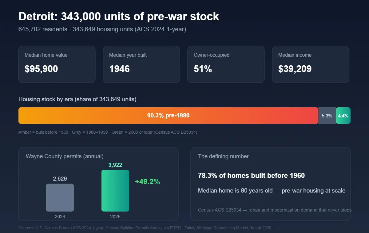 Detroit remodeling market profile 2026 — median build 1946, 78.3% pre-1960 stock, Wayne County permits +49.2%