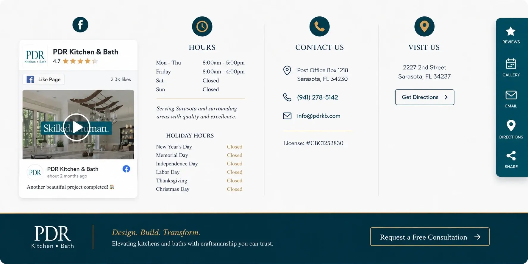 PDR Kitchen & Bath in Sarasota, FL — footer and contact block, after redesign by Zainfy