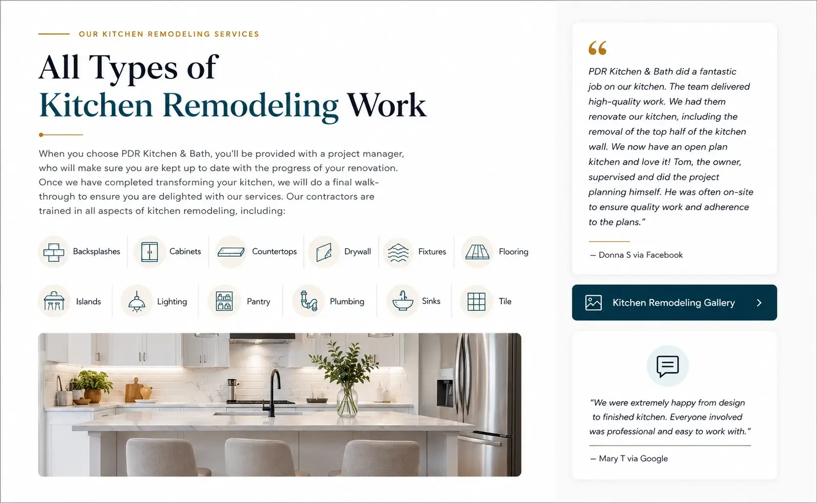 PDR Kitchen & Bath in Sarasota, FL — kitchen service detail and testimonials, after redesign by Zainfy