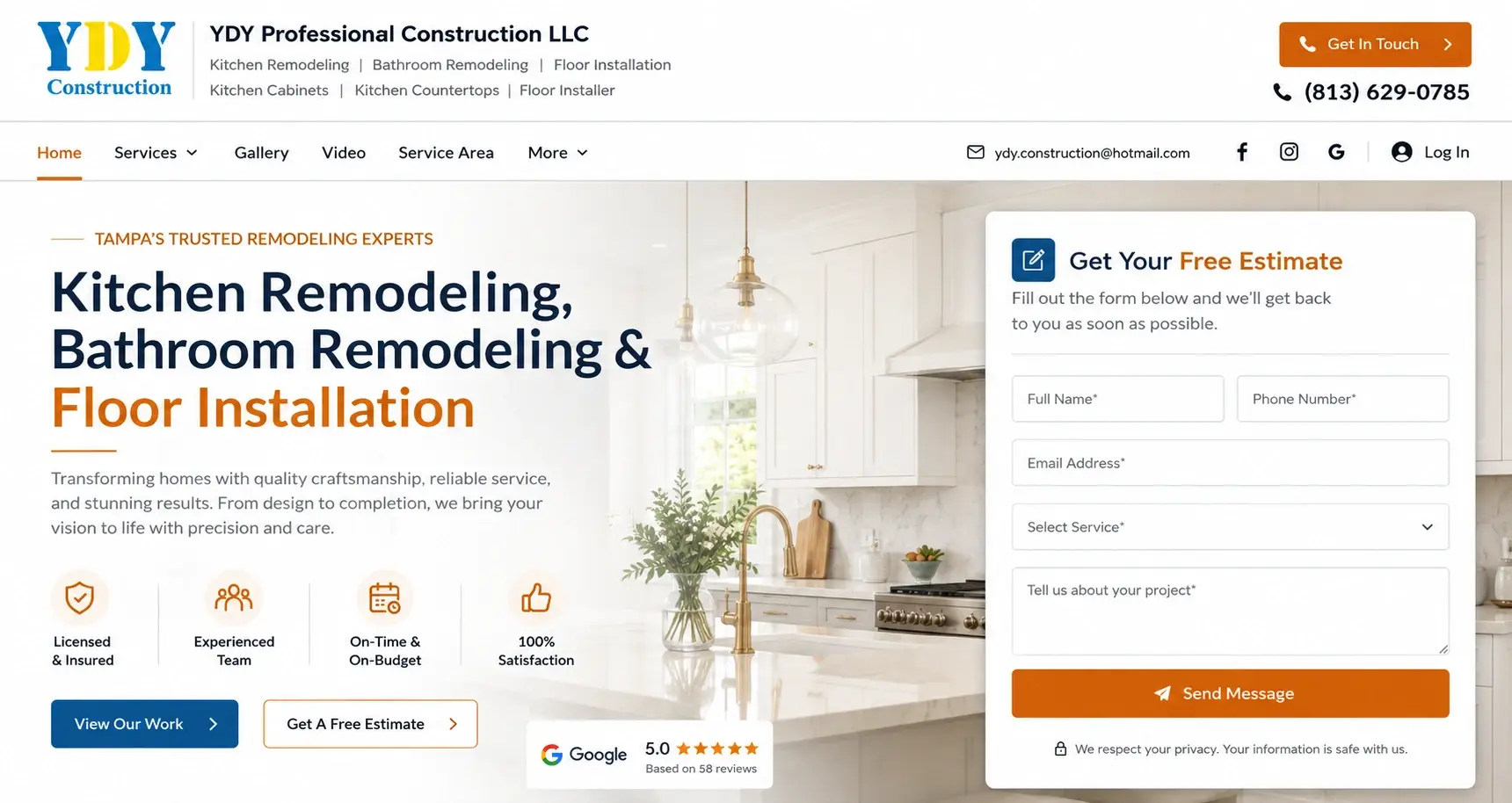 YDY Professional Construction LLC in Tampa — header and hero, after redesign by Zainfy