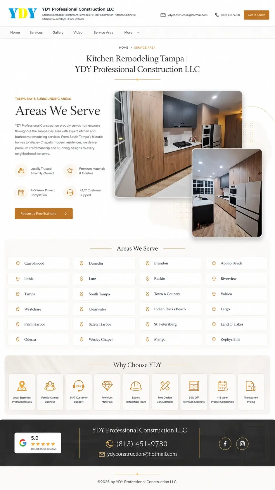 YDY Professional Construction LLC in Tampa — service area page, after redesign by Zainfy