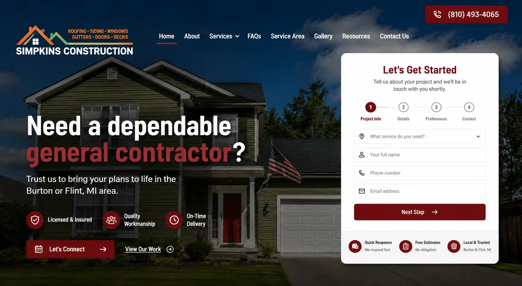 Simpkins Construction in Flint — hero, after redesign by Zainfy