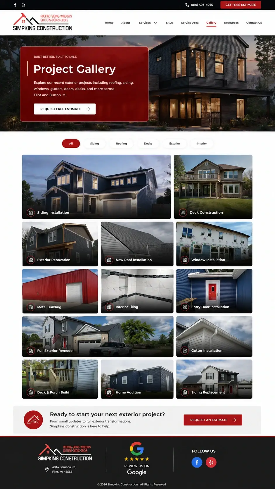 Simpkins Construction in Flint — gallery page, before redesign