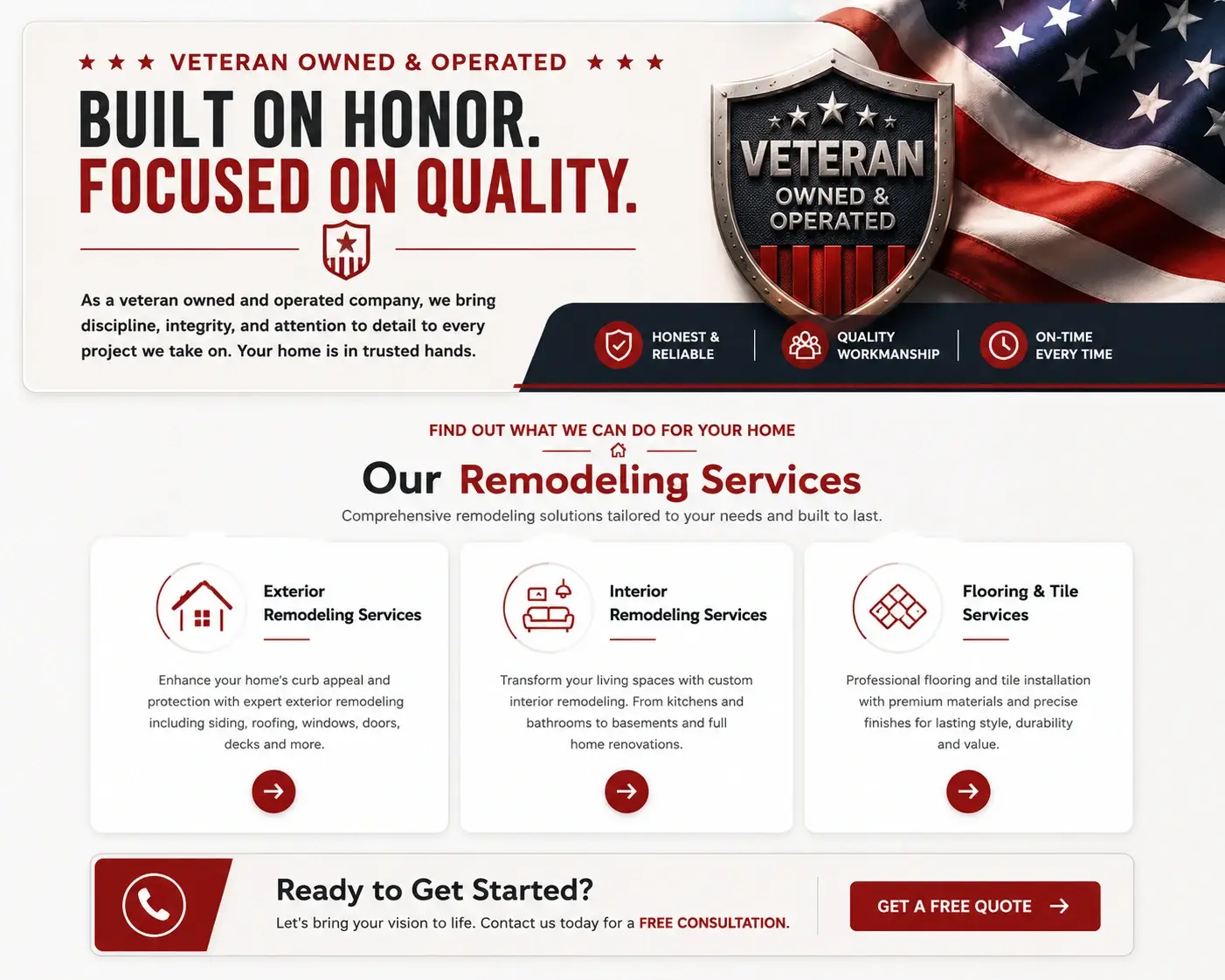 Veteran-owned contractor band and services section, after redesign by Zainfy