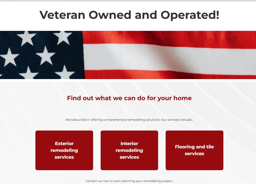 Veteran-owned contractor band and services section, before redesign
