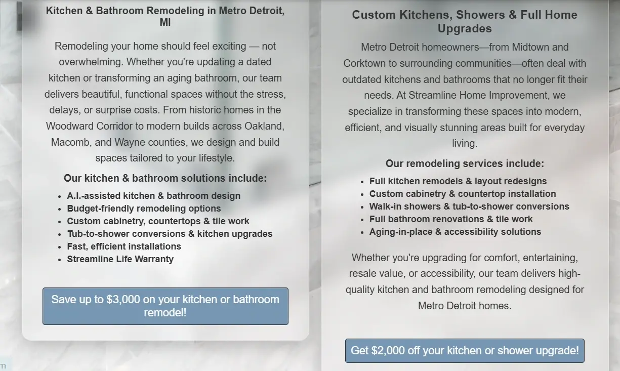 Streamline Home Improvement — service overview and offers, before redesign