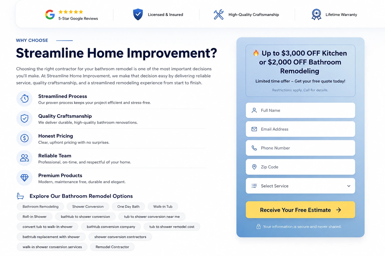 Streamline Home Improvement — trust bar, reasons to choose and form, after redesign by Zainfy
