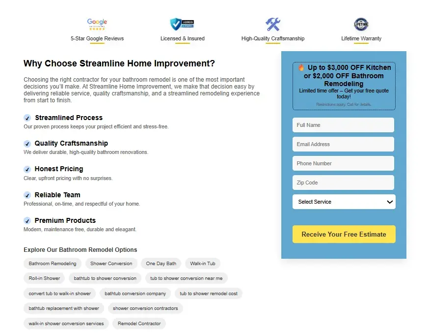 Streamline Home Improvement — trust bar, reasons to choose and form, before redesign