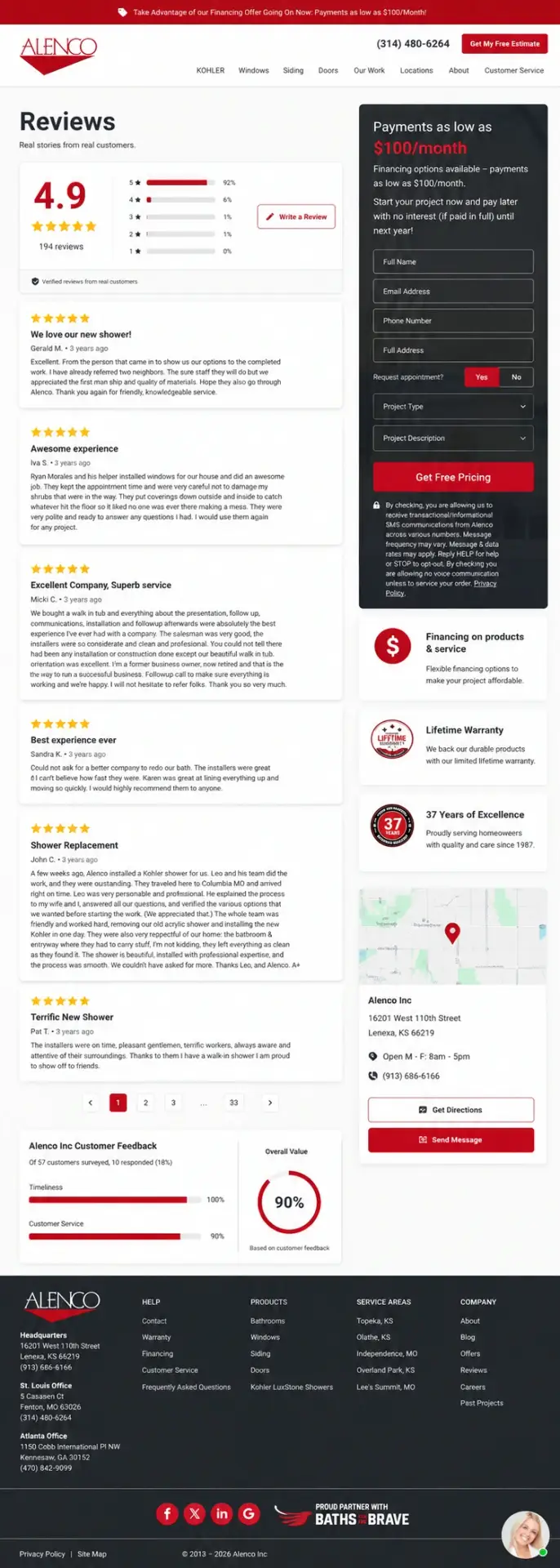 Alenco Inc — reviews page with financing sidebar, after redesign by Zainfy