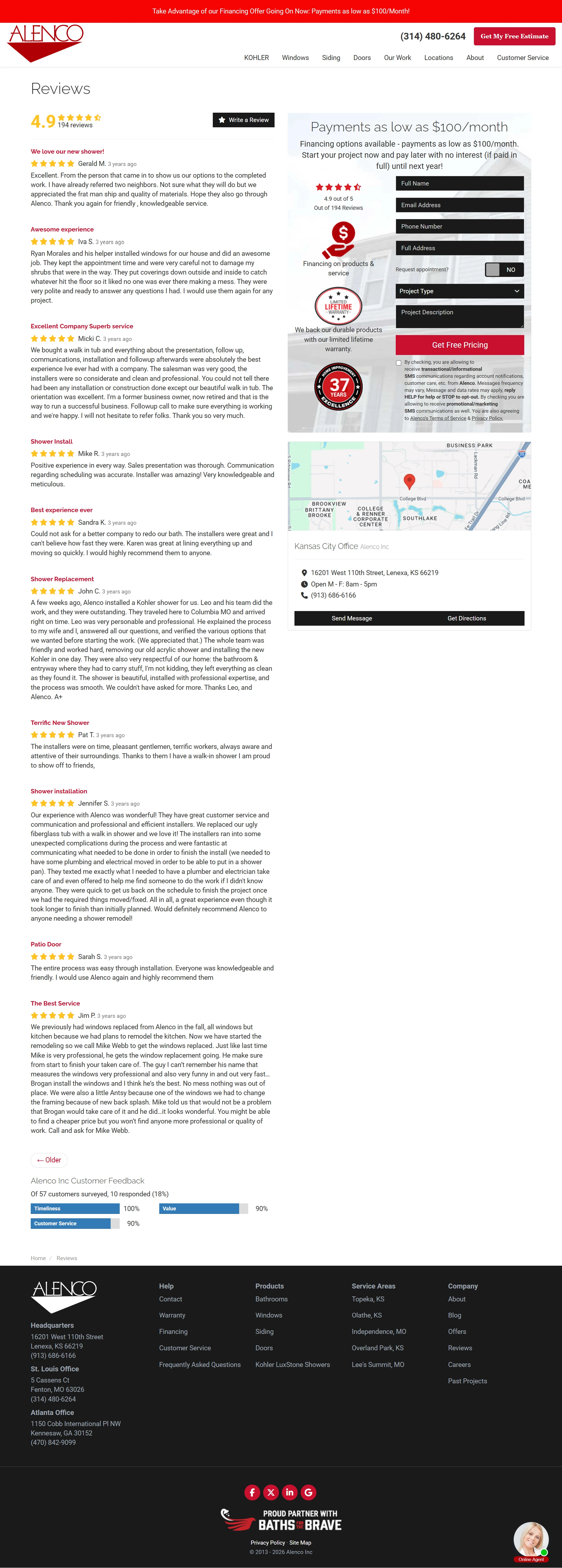 Alenco Inc — reviews page with financing sidebar, before redesign