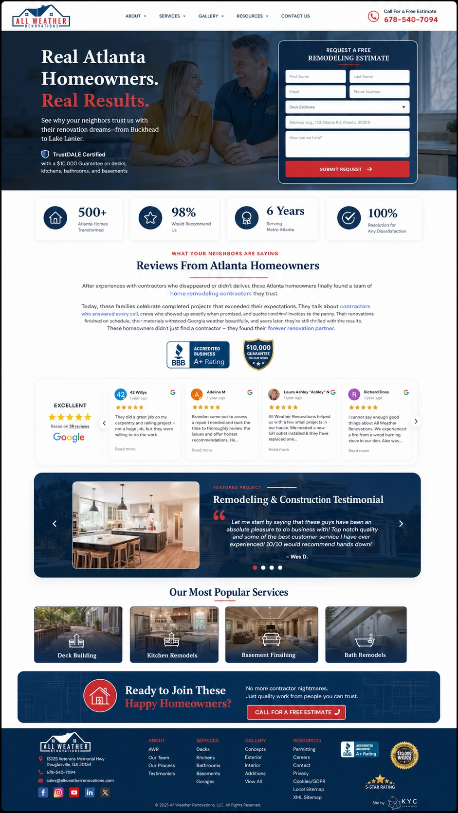 All Weather Renovations in Atlanta, GA — home page, after redesign by Zainfy
