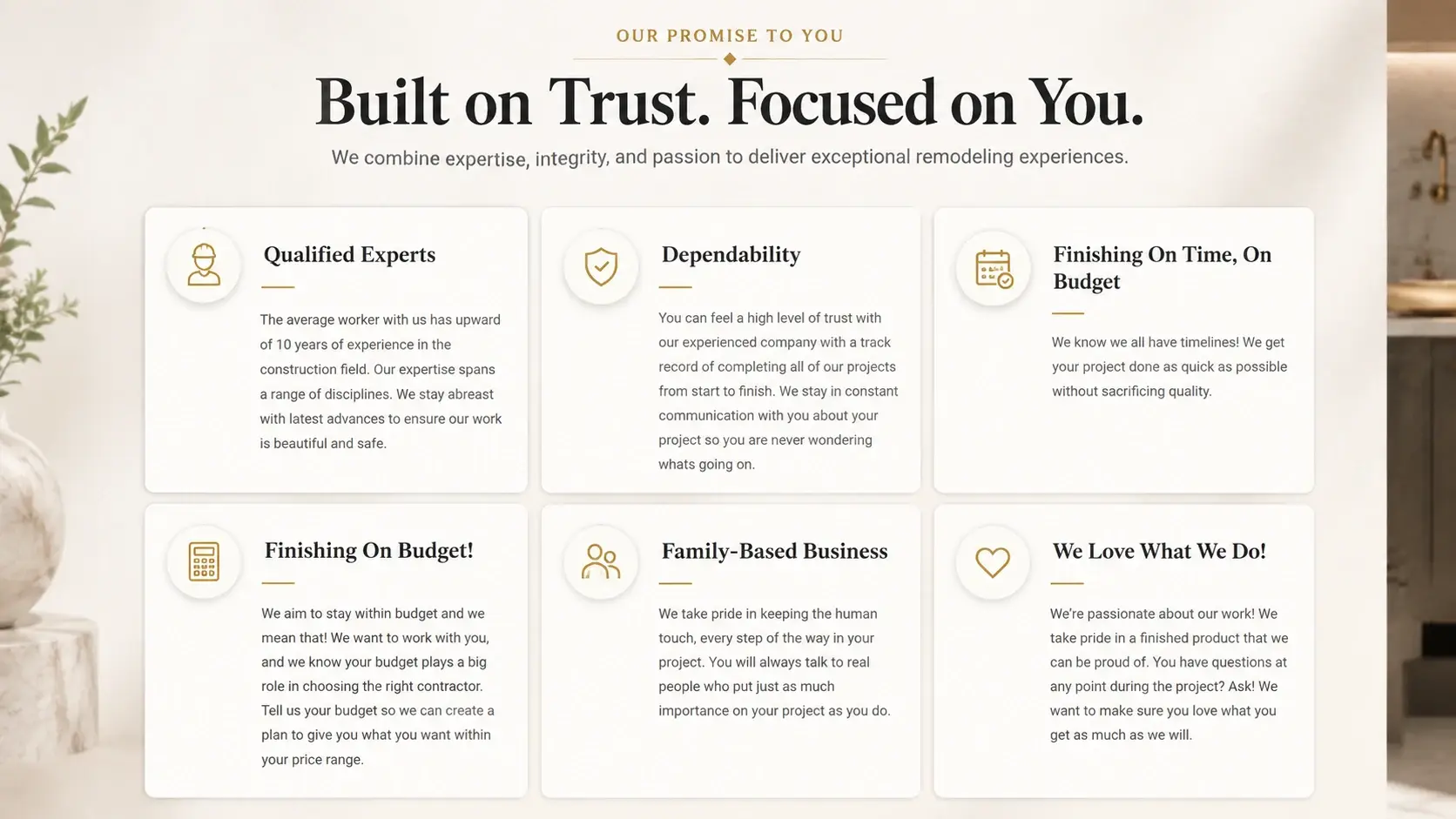 Contractor website why-choose-us block — value propositions section, after redesign by Zainfy