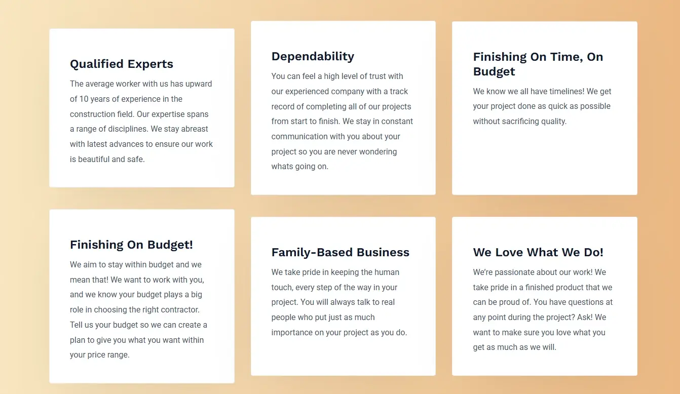 Contractor website why-choose-us block — value propositions section, before redesign