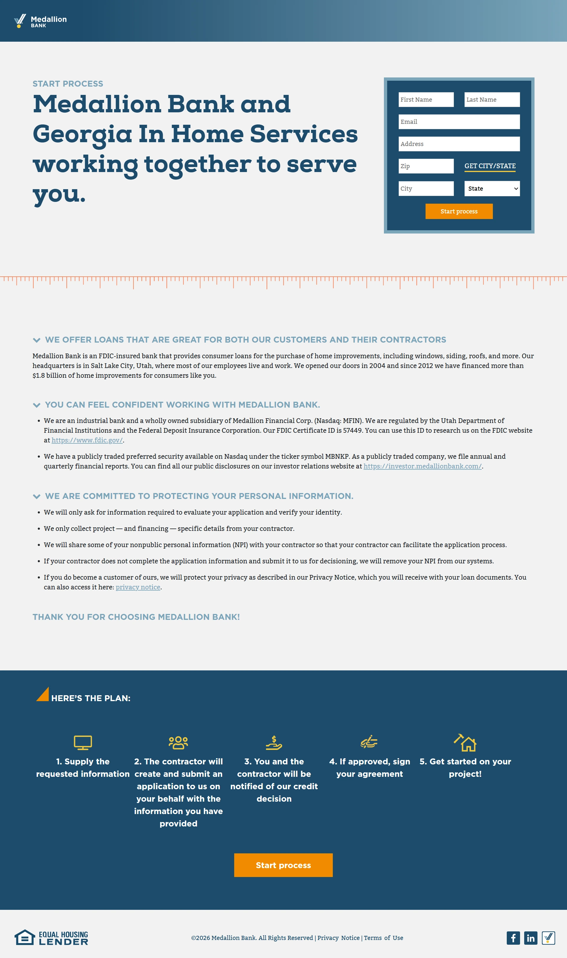 Medallion Bank and Georgia In Home Services — financing application page, before redesign