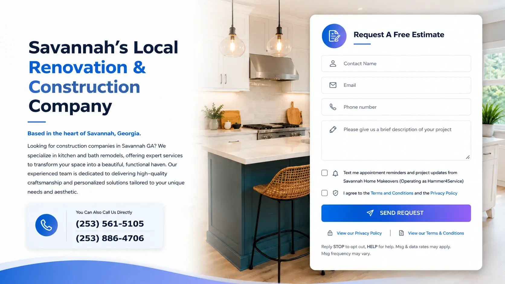 Savannah Home Makeovers (operating as Hammer4Service) — introduction and estimate form, after redesign by Zainfy