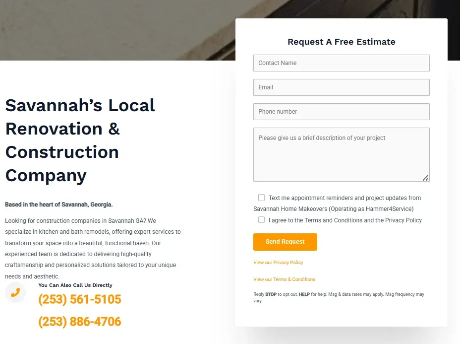 Savannah Home Makeovers (operating as Hammer4Service) — introduction and estimate form, before redesign
