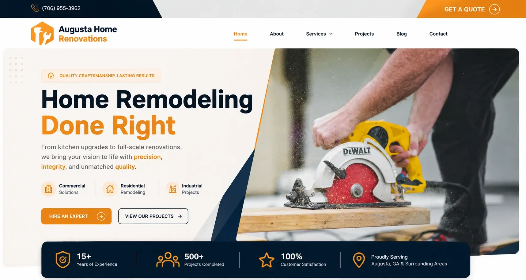 Augusta Home Renovations in Augusta, GA — header and hero, after redesign by Zainfy