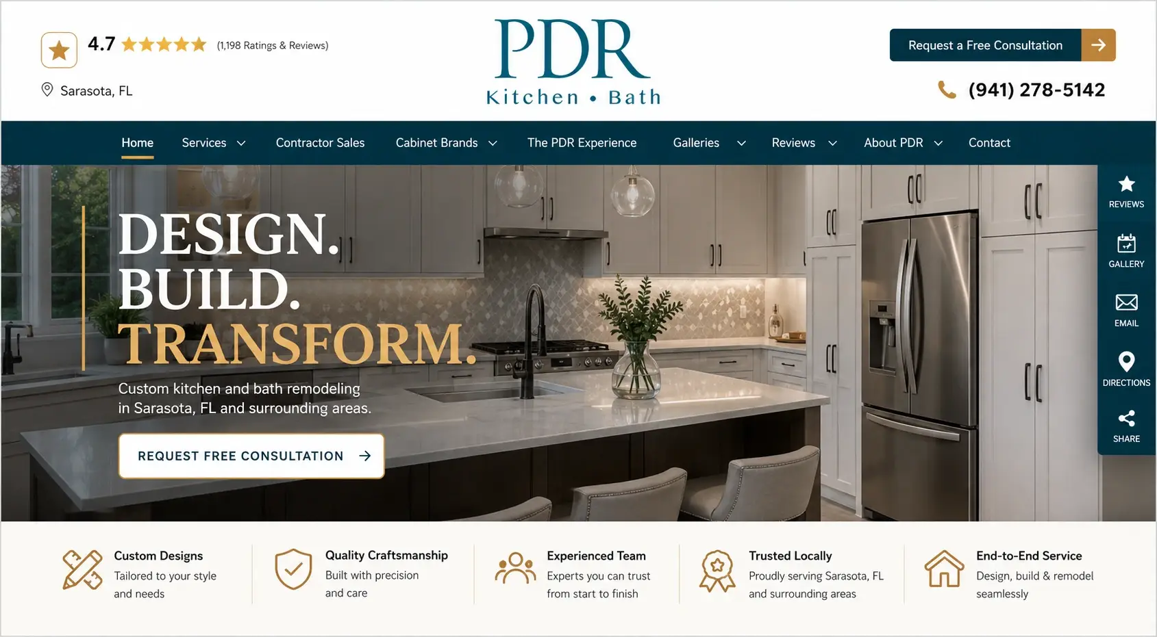 PDR Kitchen & Bath in Sarasota, FL — header and hero, after redesign by Zainfy