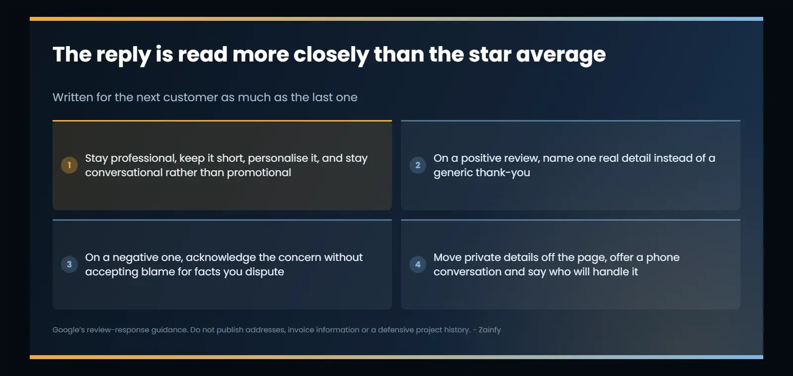 How to answer a review: stay professional and brief, personalise it, keep it conversational rather than promotional, acknowledge a concern without accepting disputed blame, move private details off the public page and offer a direct phone conversation