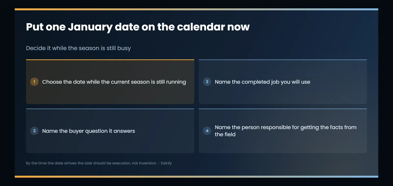 How to commit to winter marketing before the season goes quiet: choose one January date now, name the completed job it will use, name the buyer question it answers, and name who gets the facts from the field