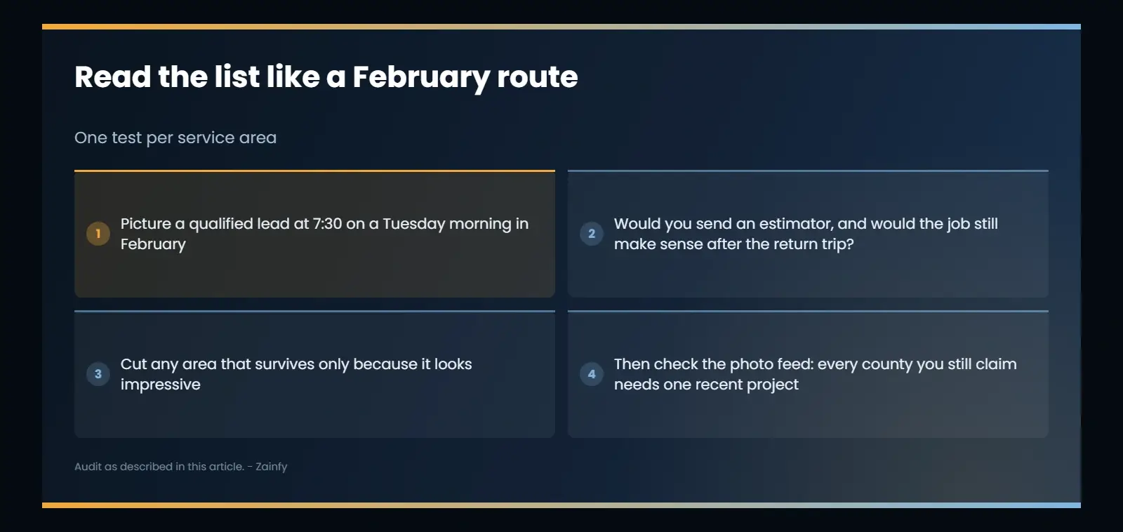 How to audit a Google Business Profile service-area list: picture a 7:30 Tuesday morning lead in February for each entry, cut the areas kept only for appearance, and check that each claimed county has one recent project in the photo feed