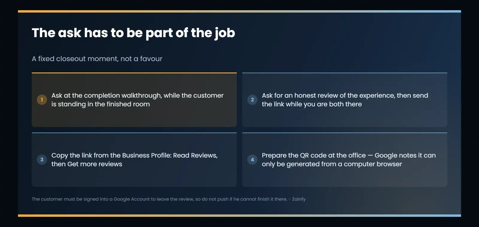 How to make the review request part of the job: ask at the completion walkthrough while the customer stands in the finished room, send the Business Profile review link on the spot, save that link before the next closeout, and prepare the QR code at the office