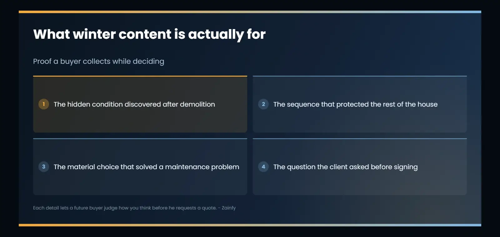 What winter content is for: the hidden condition discovered after demolition, the sequence that protected the rest of the house, the material choice that solved a maintenance problem, and the question a client asked before signing