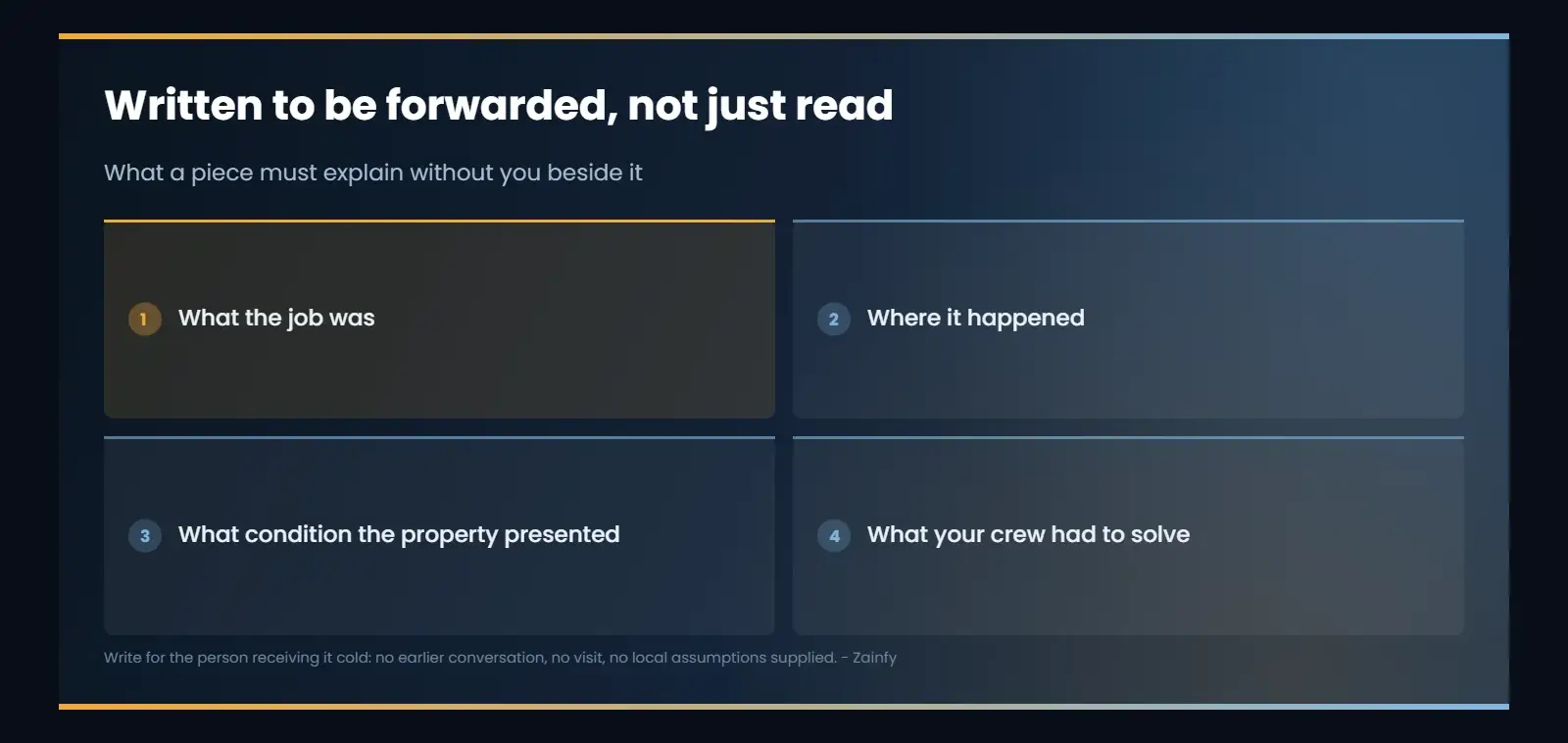 Written to be forwarded, not just read: What the job was; Where it happened; What condition the property presented; What your crew had to solve.